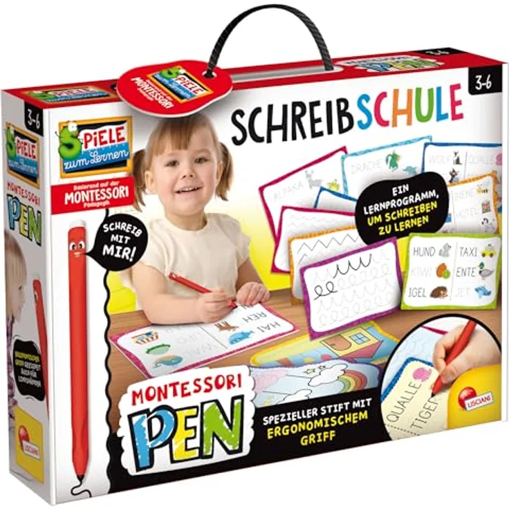 Lisciani Montessori Pen-Schreibschule, Lernspiel mit ergonomischem Griff und Schreibschablonen für Kinder