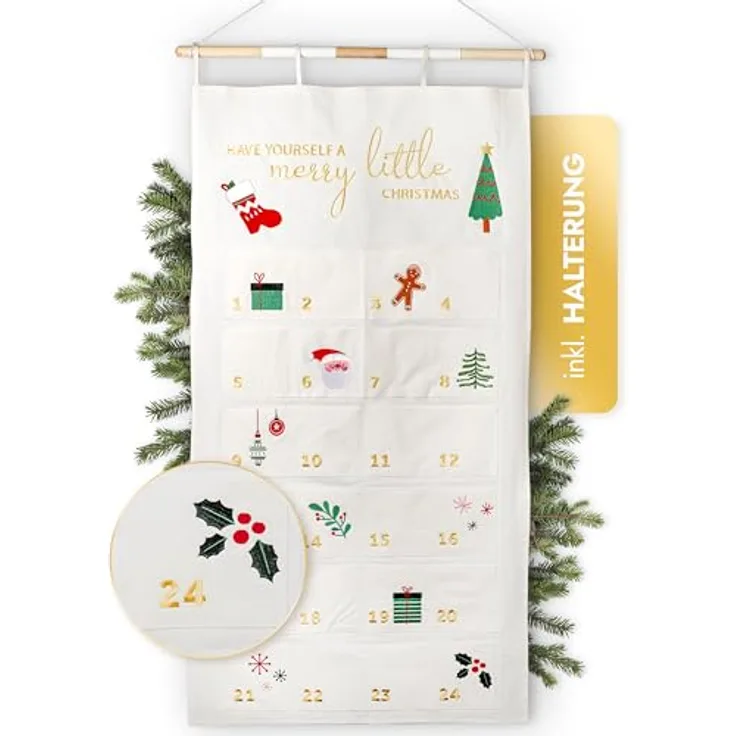 Amari ® Adventskalender zum Befüllen Gold - XXL Wandkalender (70 x 130 cm) mit 24 Fächern zum Basteln für Weihnachten - Adventskalender zum Aufhängen Stoff - Weihnachtskalender