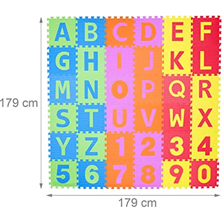 Relaxdays Spielmatte Puzzle 86 tlg, Puzzlematte Buchstaben u. Zahlen, EVA Schaumstoff Spielteppich BxT 180x180 cm, bunt – Bild 5