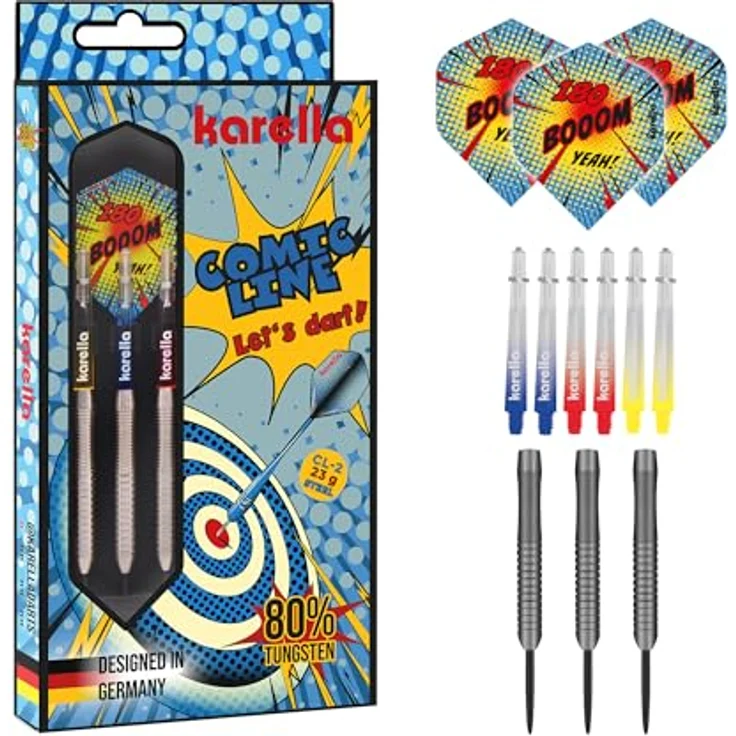 Karella Darts Comic-Line, Profi Steeldarts 80% Tungsten, 5 Modelle, 21-24 g, formstabile Polycarbon Schäfte, 100 Mic. Flights, inkl. Ersatzschäfte und PVC-Box (CL-2 23 g, 53 mm) – Bild 1