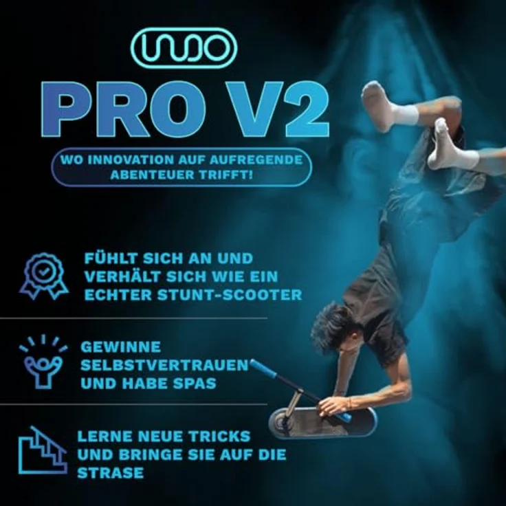 Indo Trampolin Scooter PRO V2, schwarzes-blaue Stunt-Scooter mit leichtem Schaumstoffdeck und Aluminumlenker für Fortgeschrittene – Bild 3
