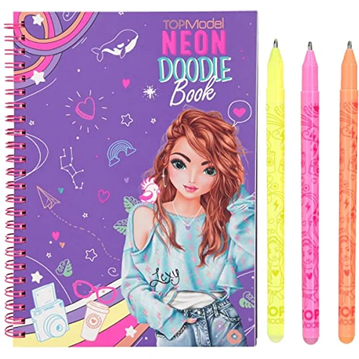 Depesche 11932 TOPModel Neon Doodle - Malbuch-Set mit 35 dunklen Seiten zum Ausmalen und Gestalten vieler Motive, Mal-Heft mit neonfarbenen Motiv-Outlines, 3 Neon Gelstiften und 1 Sticker-Bogen – Bild 2