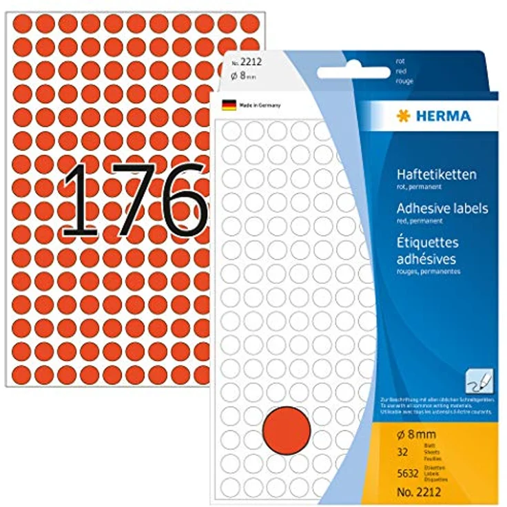 HERMA 2212 Punktaufkleber, 5632 selbstklebende Klebepunkte rot, Ø 8 mm, 176 pro Bogen, matt, für Markierungen in Kalender und Planer – Bild 1