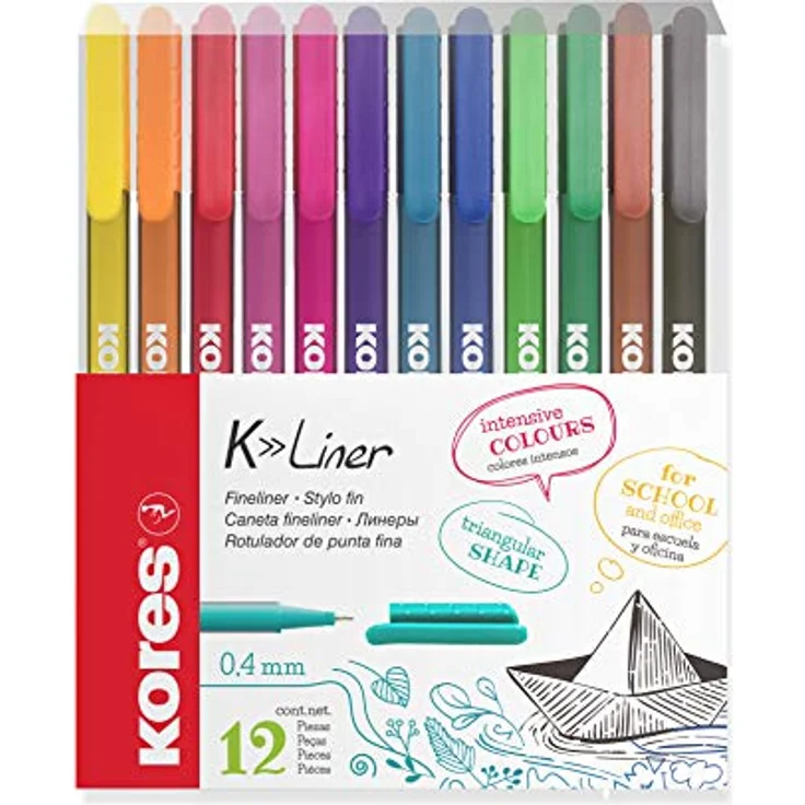 Kores® K- Fineliner 0,4 mm, farbsortiert, 12 Stück, permanent, metallgefasste Spitze – Bild 1