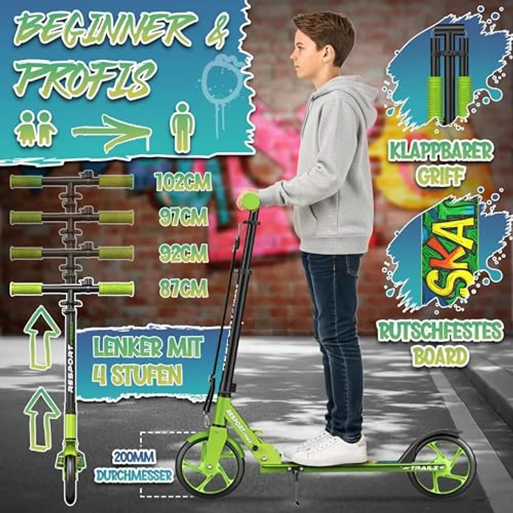 RE:SPORT Trailz Cityroller Scooter, höhenverstellbar & klappbar, 200mm Räder, inkl. Tragegurt und Klingel, für Kinder & Erwachsene – Bild 3