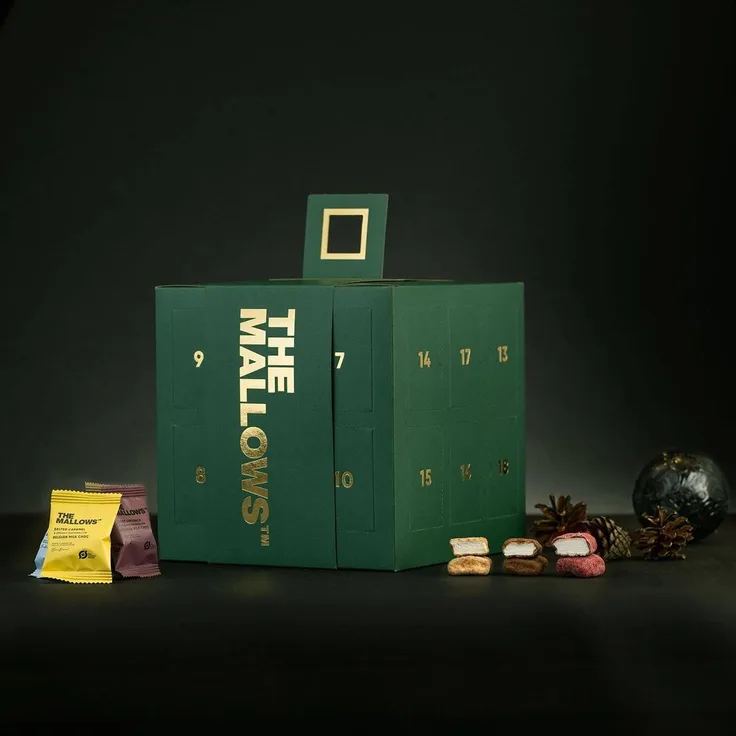 The Vegan Cow The Square Classic Gourmet Adventskalender, 24 Bio-Marshmallows in 9 Geschmacksrichtungen, alkoholfrei und glutenfrei