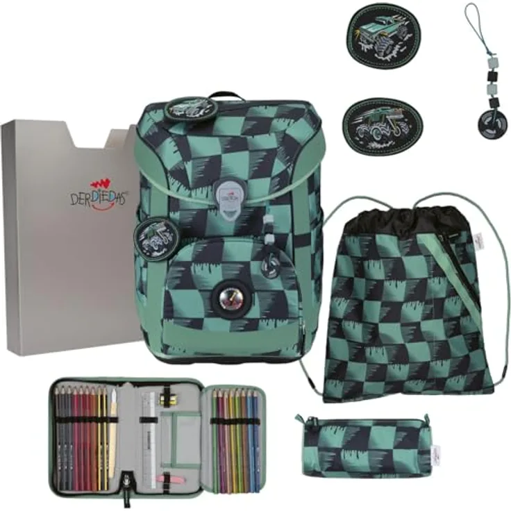 DerDieDas Schulranzen Set 5-TLG. ErgoFlex Easy Superflash Super Truck, kippfest, 22,5 Liter Volumen, 950 Gramm leicht