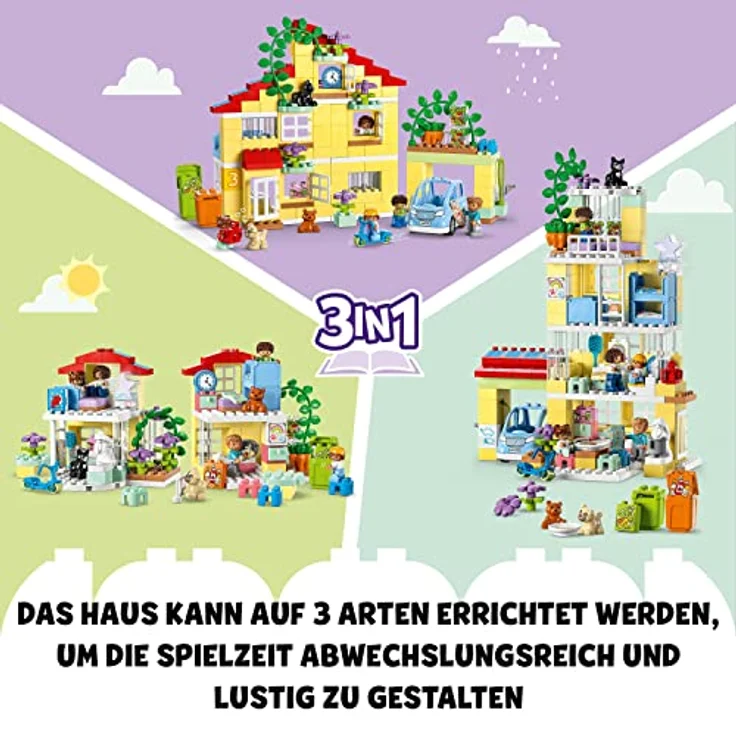 LEGO 10994 DUPLO 3-in-1-Familienhaus, Puppenhaus aus Bausteinen mit Push&Go Auto, 5 Figuren, 2 Tieren und Spielzeug-Lampe, Spielhaus Geschenk für Kleinkinder, Mädchen und Jungen ab 3 Jahren – Bild 4