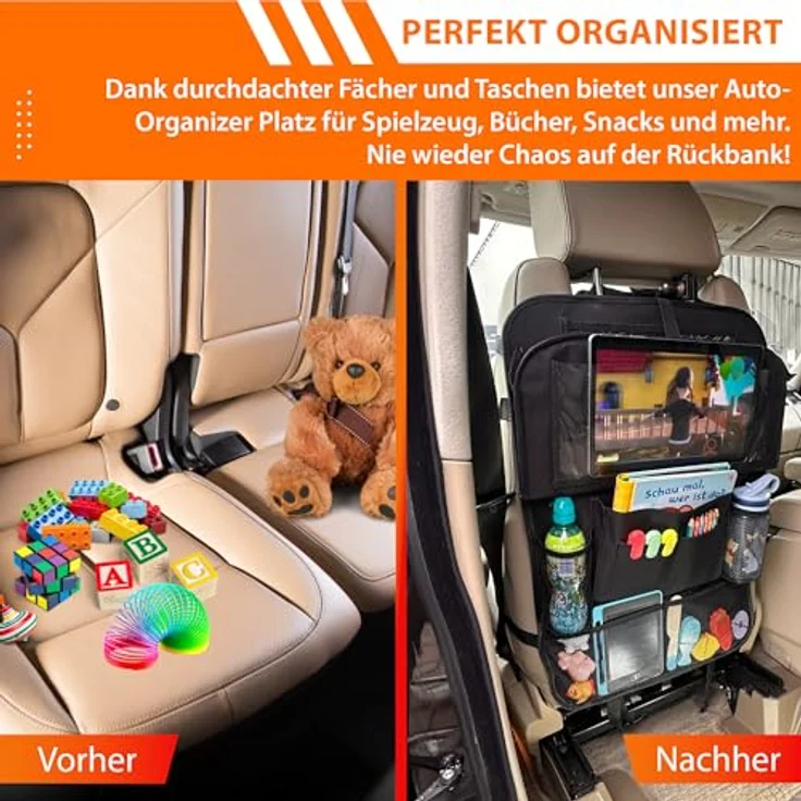 Lunaria Auto-Organizer & Rückenlehnenschutz, XXL mit 13" Tabletfach, Klapptisch & 11 Fächern für Kinder, ideal für lange Autofahrten, schwarz – Bild 4
