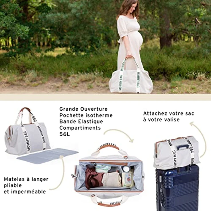 Childhome, Mommy Bag, Wickeltasche, Kliniktasche, Reisetasche, großes Fassungsvermögen, Wickelauflage, verstellbarer Schultergurt, unterteilt, Isoliertasche, Durchgang für Koffer, Altweiss, Signature – Bild 2