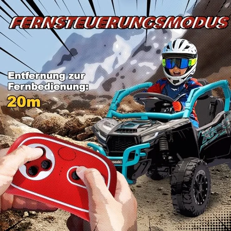 AIYAPLAY Kawasaki TERYX KRX 1000 Kinder Elektroauto 12V UTV mit 2 Motoren, 2,4 GHz Fernbedienung, Federungssystem, LED-Leuchten, Musik, Hupe für 3-8 Jahre, Blau – Bild 4