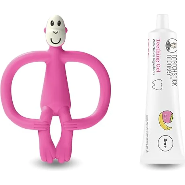 Matchstick Monkey Zahnungs-Set - Beißring + Bio Zahnungsgel Erdbeere-Banane (Affe pink) - Natürliche Zahnungshilfe für Babys ab 3 Monaten, Vegan, Tierversuchsfrei, BPA-frei