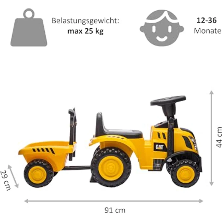 Lemodo Rutschauto Traktor CAT gelb, Kindertraktor mit Anhänger, Schaufel & Rechen, Licht & Sound, für Kinder von 1–3 Jahren – Bild 2