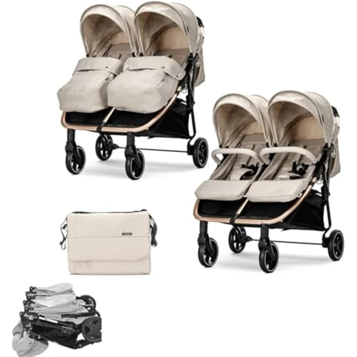 Lorelli Zwillingskinderwagen Duo, leichter Doppel-Kinderwagen mit verstellbarem Verdeck, grau – Bild 1