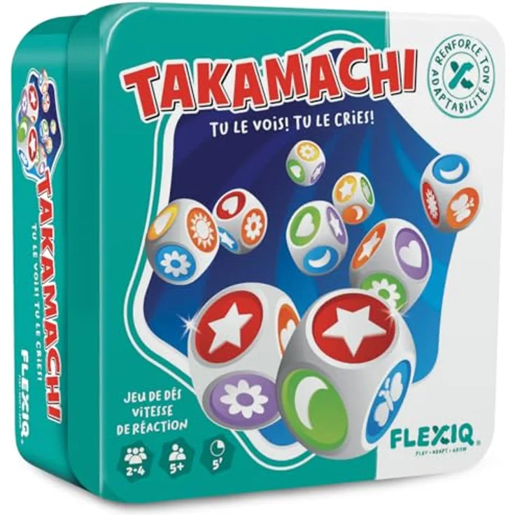 Asmodee FlexiQ Takamachi, Familien- und Kinderspiel ab 5 Jahren für 2-4 Spieler, französische Version, einfaches Würfelspiel zur Förderung der Anpassungsfähigkeit
