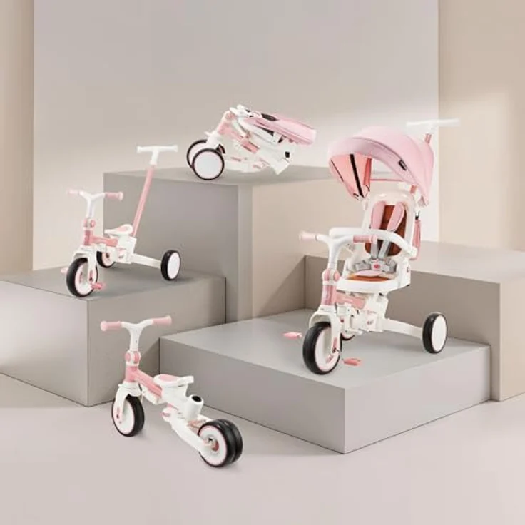 HyperMotion 8-in-1 Dreirad TOBI Forest (Rosa) für Kinder ab 1 Jahr, mit 360° drehbarem Sitz, höhenverstellbarer Schubstange, klappbarem Sonnendach und EVA Rädern – Bild 3