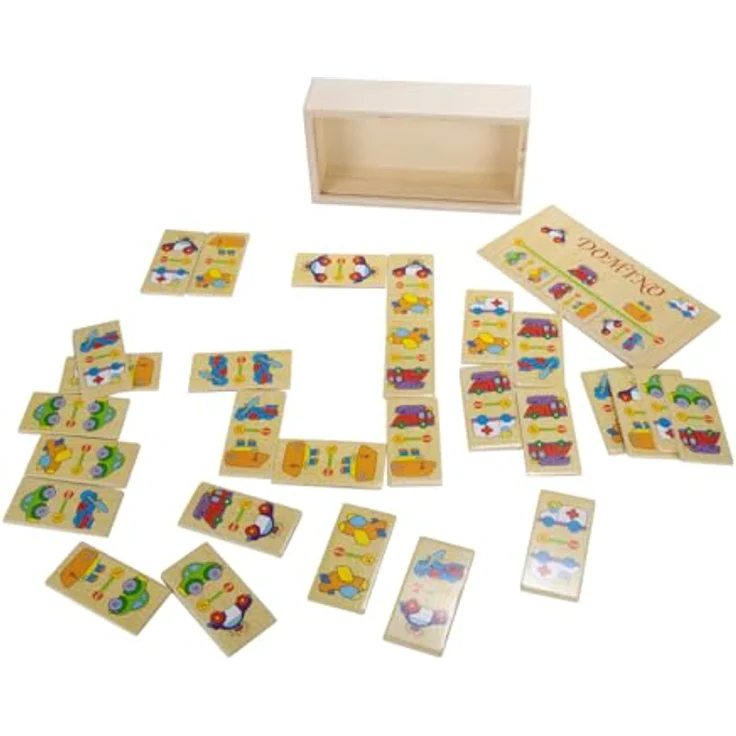 GICO Domino Spiel Fahrzeuge aus Holz, 28 stabile Steine in praktischer Holzbox für Kinder und Erwachsene, ideal für Zuhause und Reisen - 7968 – Bild 3