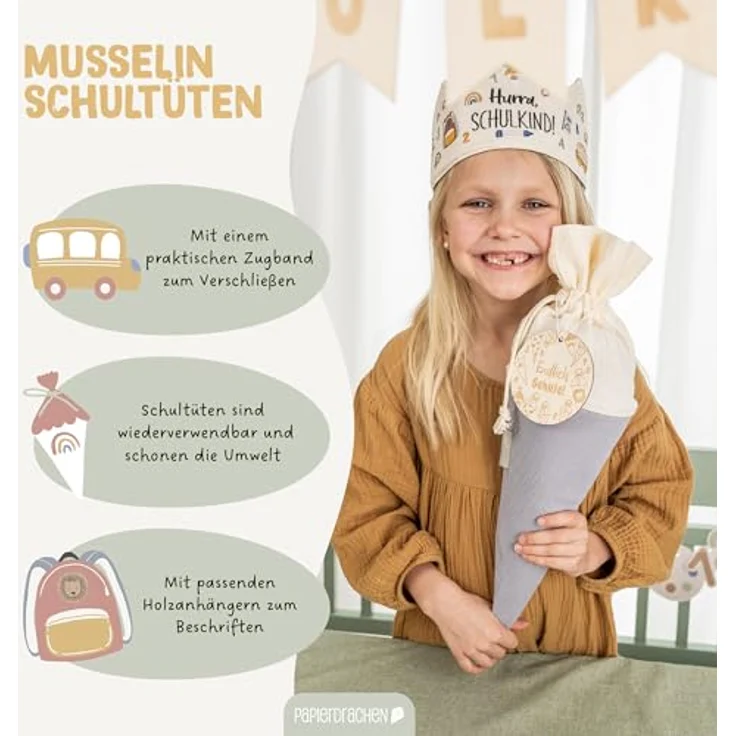 Papierdrachen 2er Set Musselin Schultüten Blau-Mint mit Holzanhängern und Namensschildern, Geschwistertüte – Bild 4