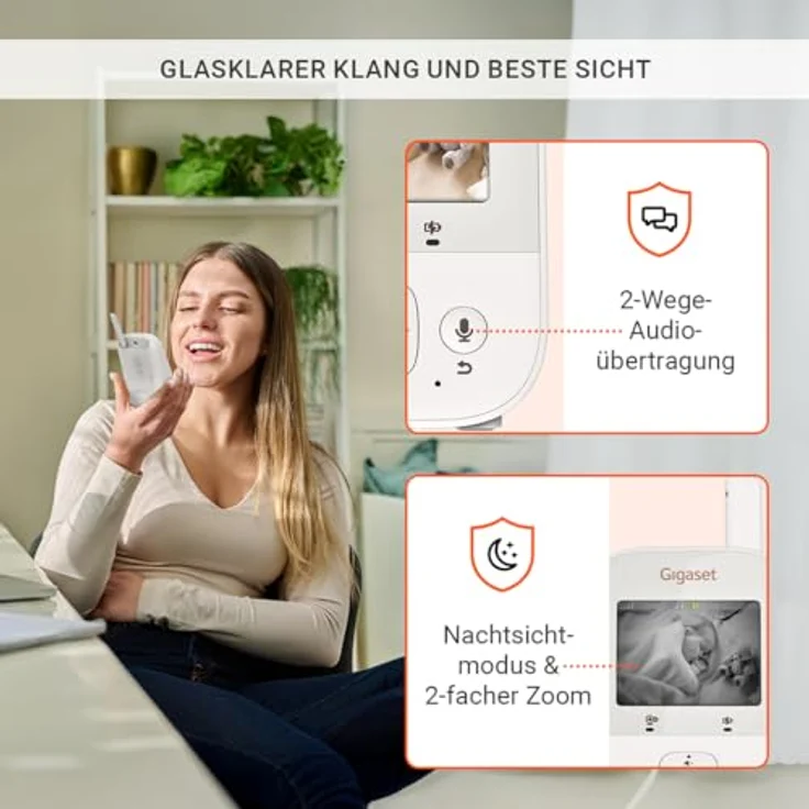 Gigaset Baby 300 Video, Video-Babyphone mit 2,8“ LCD-Bildschirm, Zwei-Wege-Audio, FHSS Technologie, Nachtlicht und Temperatursensor, Cream White/Warm Grey – Bild 5