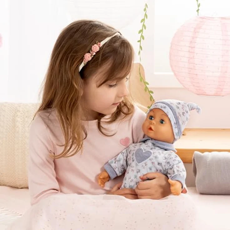 Bayer Babypuppe First Words Baby, 38 cm, grau, mit Schlafaugen, Babygeräuschen und Zubehör (Flasche, Schnuller) – Bild 4