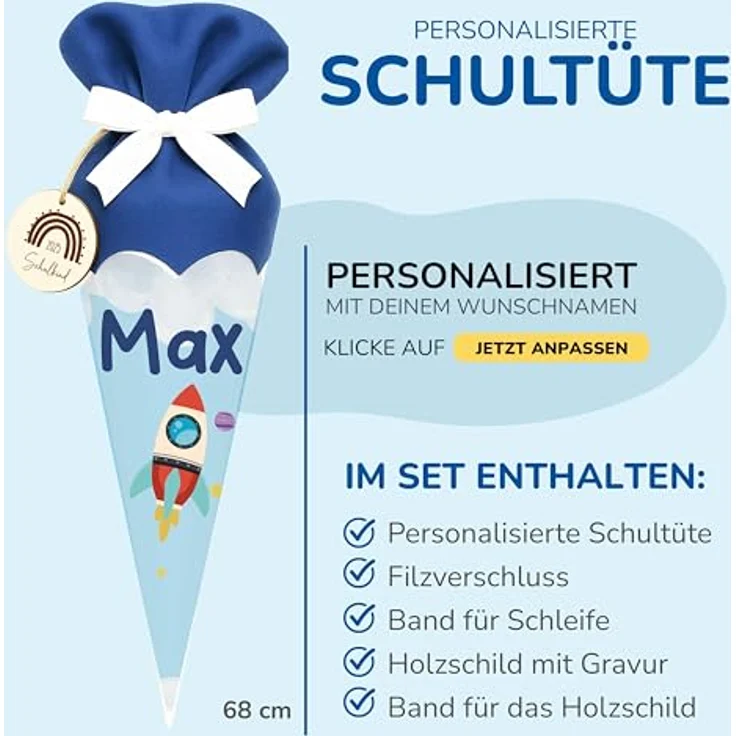 Kidsmood Raketen Schultüte, personalisierbares Bastelset mit Rohling, Stoff & Holzschild für Einschulung 2026, cooles Rakete Design – Bild 4