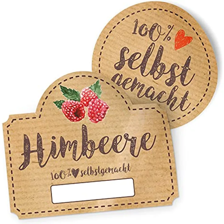 itenga Marmeladen Etikett HIMBEERE, selbstklebende Aufkleber aus braunem Haftpapier, Set mit 10 runden (Durchmesser 4 cm) und 10 rechteckigen (Maße 4,5 x 3,8 cm) Stickern, 100% selbstgemacht, beschriftbar für Einmachgläser und Geschenke