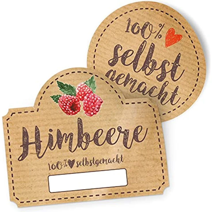 itenga Marmeladen Etikett HIMBEERE, selbstklebende Aufkleber aus braunem Haftpapier, Set mit 10 runden (Durchmesser 4 cm) und 10 rechteckigen (Maße 4,5 x 3,8 cm) Stickern, 100% selbstgemacht, beschriftbar für Einmachgläser und Geschenke – Bild 1