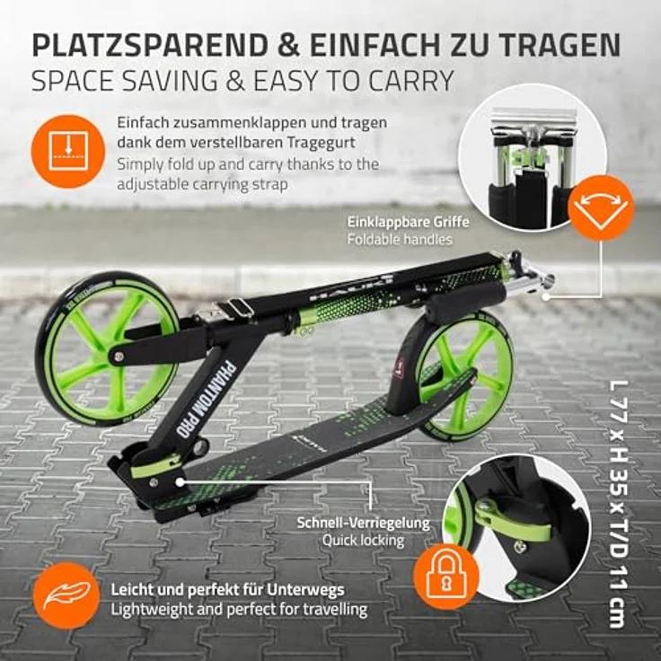 Hauki Cityroller Scooter Grün, klappbar & höhenverstellbar, XXL-Räder, Tritt-Bremse, Kick Roller für Kinder & Erwachsene bis 100kg – Bild 4