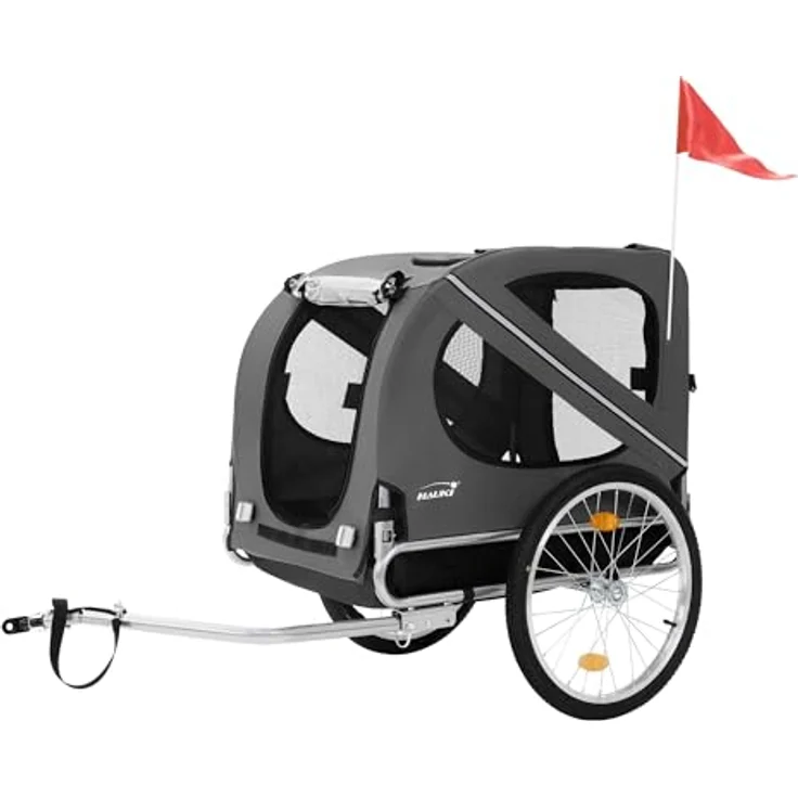 Hauki Fahrradhundeanhänger Fahrradanhänger & Hundebuggy 2in1 klappbar, Hundewagen Grau mit Reflektoren Leine und Flagge bis 40 kg – Bild 2
