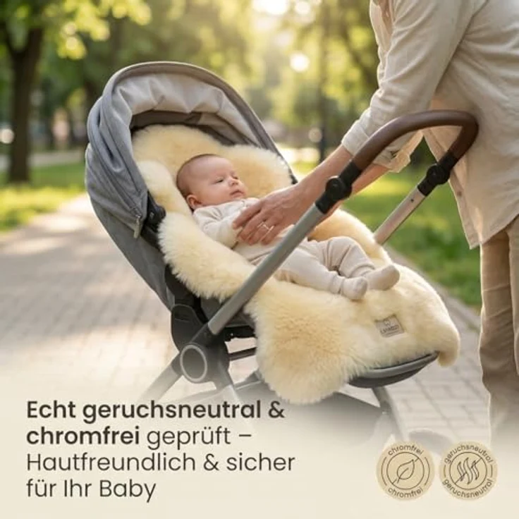 Baby Lammfell LANABEST. Premium Qualität, fabrikfrisch, schadstoffarm. Medizinische Gerbung, 30°C waschbar. Öko-Tex. Deutsches Merino Schaffell. Als Babyfell oder für den Kinderwagen. Geschenkqualität. Länge ca. 70 cm – Bild 6
