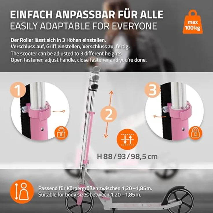 Hauki Cityroller Scooter Rosa, klappbar & höhenverstellbar, XXL-Räder, Tritt-Bremse, für Kinder & Erwachsene bis 100 kg – Bild 6