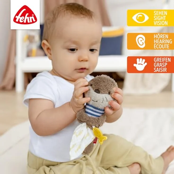 Fehn Greifling Otter Theo, Stabgreifling mit Rassel und Quietsche, für Babys ab 0 Monaten, ideal als Geschenk – Bild 2