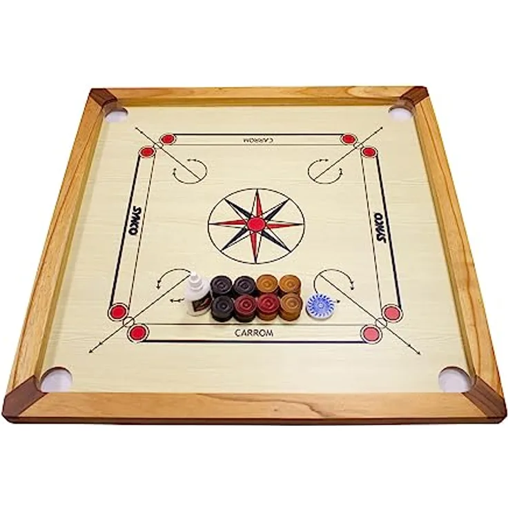GICO Carrom Board Spiel Synco 66 mit komplettem Zubehör und Gleitpulver - 2966, Massiv-Hartholzrahmen, 4,3 kg, MDF Spielfläche