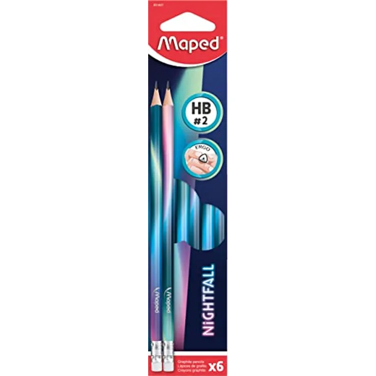 Maped - ergonomischer Drei-Kant-Bleistift NIGHTFALL HB mit Radiergummikopf - 6 Stück, Mehrfarbig
