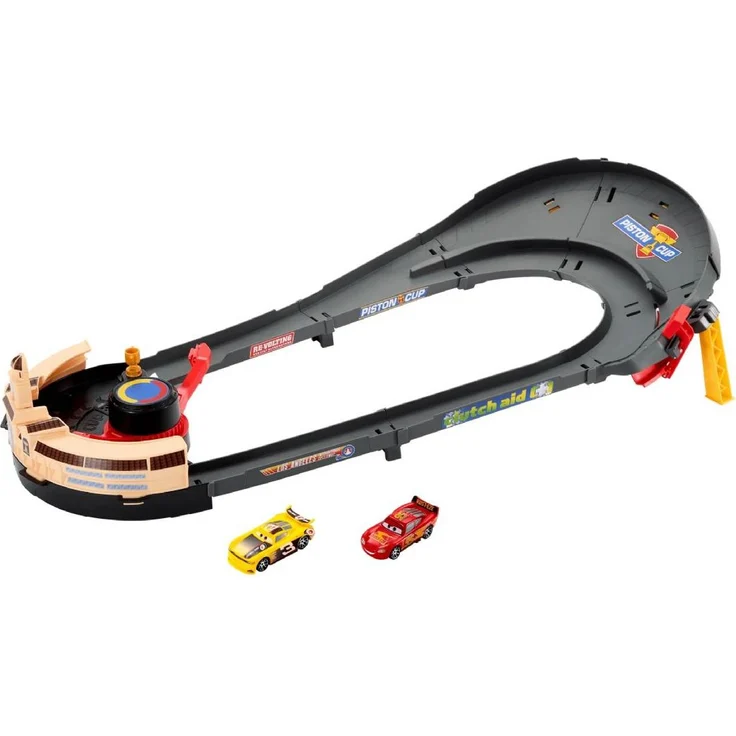 Mattel Disney Pixar Cars NASCAR Race, Rennset mit Lightning McQueen und Carsten 'Ace' Dillon, 2,5 Fuß Länge, kurbelbetriebener Booster, ab 4 Jahren