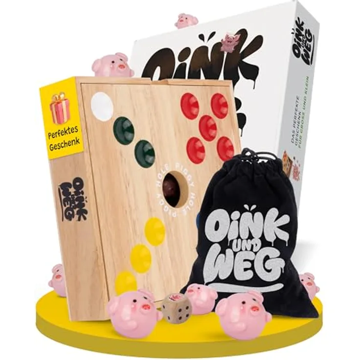 Spielario OINK und Weg, Schweinchen Spiel aus nachhaltigem Kautschukholz, handgemaltes Design, für 2-4 Spieler ab 5 Jahren, ideales Familienspiel mit taktischem Würfeln und hochwertiger Premium-Verpackung