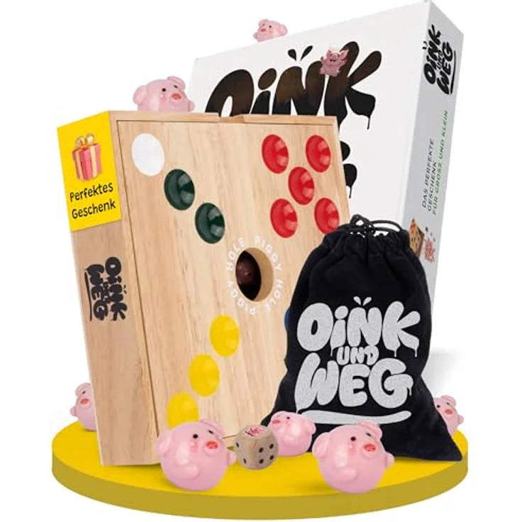 Spielario OINK und Weg, Schweinchen Spiel aus nachhaltigem Kautschukholz, handgemaltes Design, für 2-4 Spieler ab 5 Jahren, ideales Familienspiel mit taktischem Würfeln und hochwertiger Premium-Verpackung – Bild 1