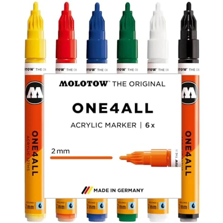 Molotow One4All 127HS Acryl Marker Basic Set, 2,0 mm Strichstärke, hochdeckend und permanent, nachfüllbar, 6er Pack sortiert