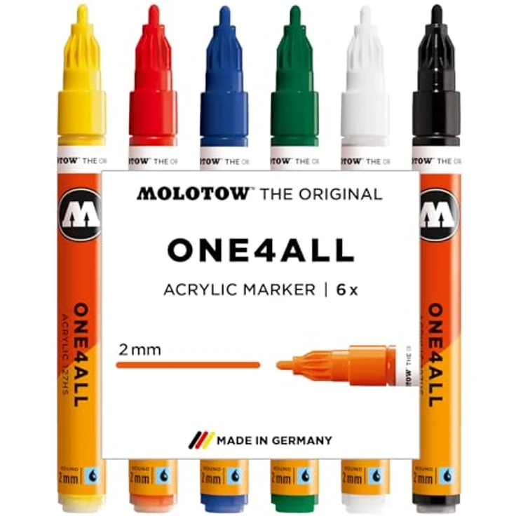 Molotow One4All 127HS Acryl Marker Basic Set, 2,0 mm Strichstärke, hochdeckend und permanent, nachfüllbar, 6er Pack sortiert – Bild 1