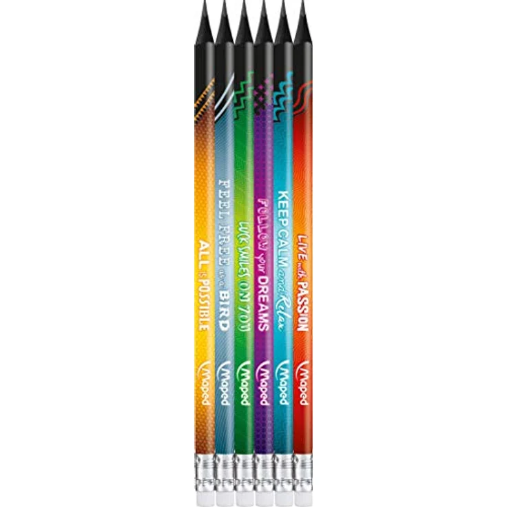 Maped BLACK'PEPS ENERGY Ergonomische Drei-Kant-Bleistifte mit Radiergummikopf, HB-mittel, 6er Pack, trendiger schwarzer Schaft mit buntem Motivationsdruck – Bild 3