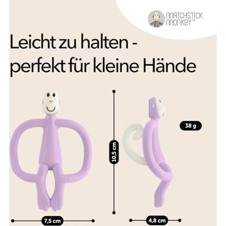 Matchstick Monkey Beißring Affe Original - Baby Zahnungshilfe - weiche Noppen massieren wundes Zahnfleisch - 100% Silikon - BPA-frei - Greifling für Zahnen - ab 3 Monaten (flieder) – Bild 4