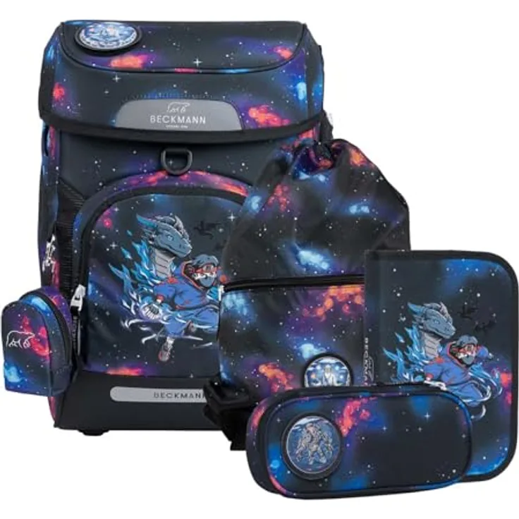 Beckmann Schulranzen Plus Air, 7-teiliges Set mit ergonomischem Rückensystem, schwarz, Ninja Elements