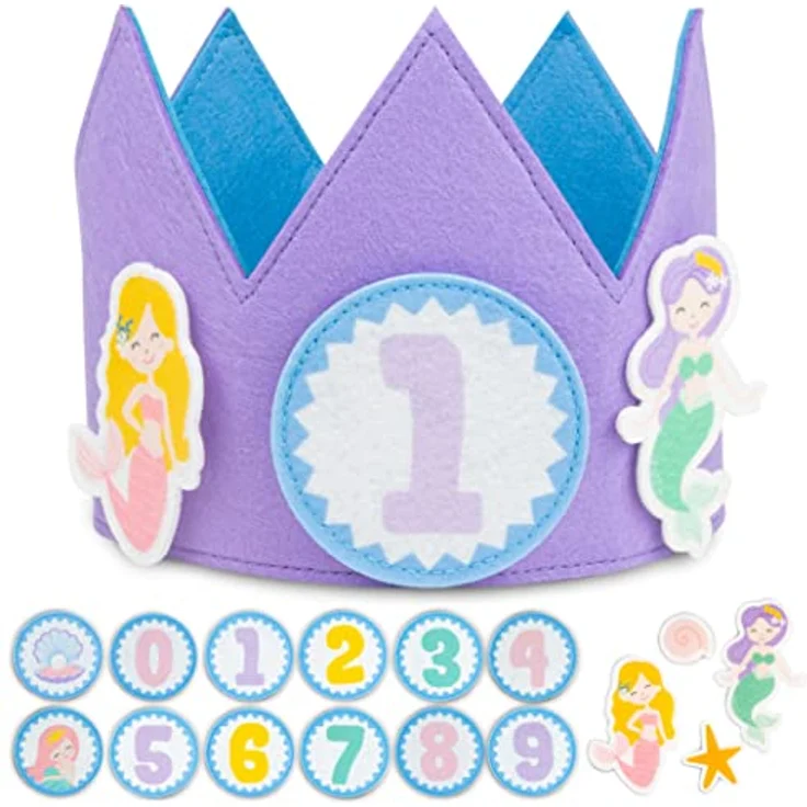 BONNYCO Geburtstagskrone Mädchen Meerjungfrau, mit auswechselbaren Zahlen von 0 bis 9, pastelllila und pastellblau, ideal für Geburtstage und Karneval – Bild 1