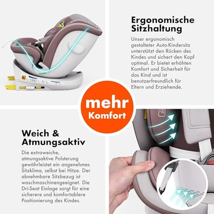 Daliya® ROTAZIONE I-Size Kindersitz, Autositz, Babyschale in Pastellrosa, mit 8-stufiger Sitzneigungsverstellung und höhenverstellbarer Kopfstütze bis 12 Jahre, ab 36 kg, ab Geburt geeignet – Bild 5
