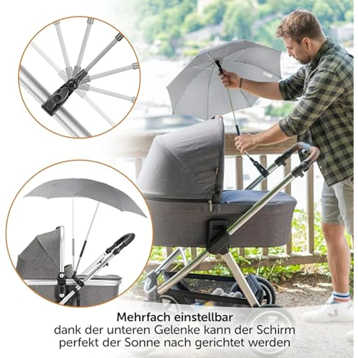 Zamboo Universal Sonnenschirm UV 50+ für Kinderwagen & Buggy | flexibler Sonnenschutz mit 73 cm Durchmesser, Grau – Bild 4