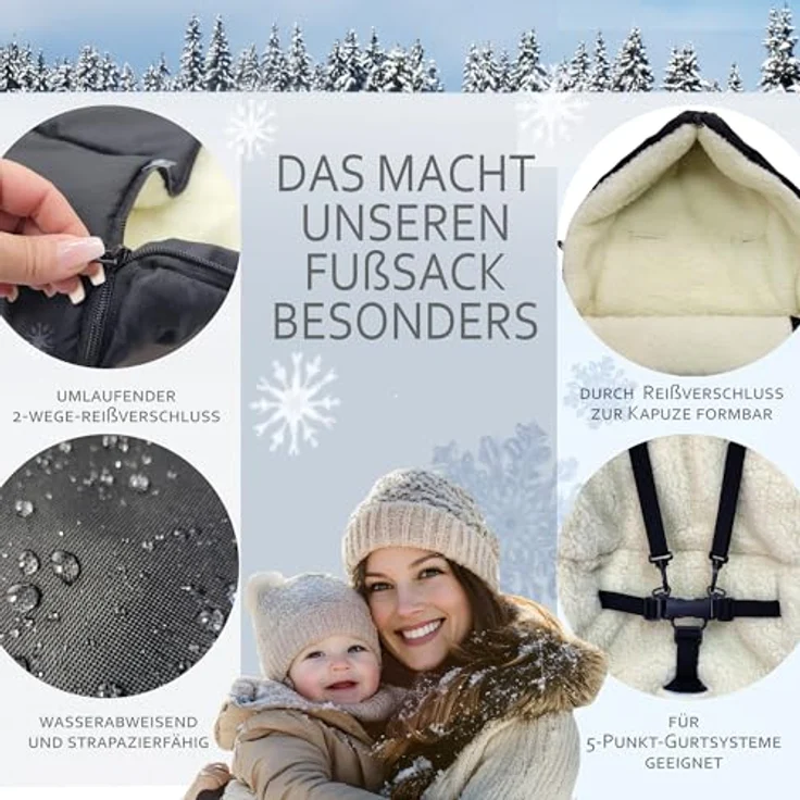 BAMBINIWELT Fußsack LAMMWOLLE Winterfußsack Kinderwagen Buggy Babyschale Babyfußsack waschbar 108cm LINIERT (schwarz) – Bild 4