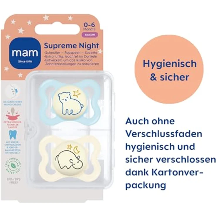 MAM Supreme Night Schnuller 2er-Set, leuchtender Babyschnuller für gesunde Zahn- und Kieferentwicklung, Bär/Nilpferd, inkl. Schnullerbox, 0-6 Monate – Bild 3