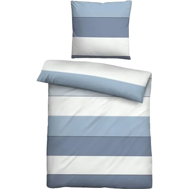 biberna 0615210 Mako-Satin Bettwäsche BLOCKSTREIFEN, taubenblau, 100% Baumwolle, Made in Europe, bügelleicht