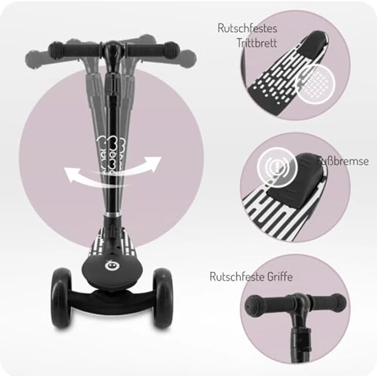 MoMi 3-Rad-Kinderroller SAN 2-in-1, höhenverstellbare Lenkstange 60/66/72 cm, klappbar, LED-Räder mit ABEC-7 Kugellagern, Trittbremse, 2,7 kg – Bild 4