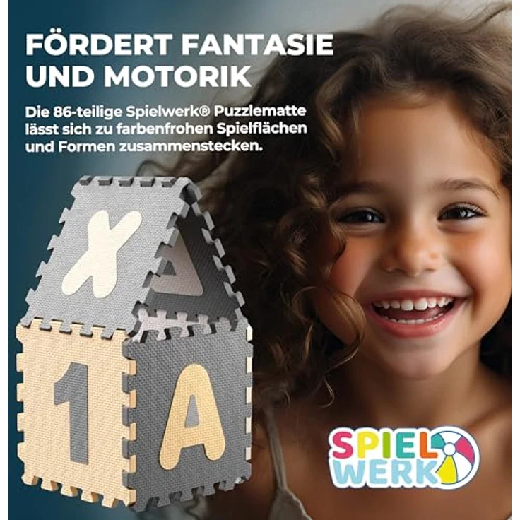 Spielwerk® 86-teilige Puzzlematte Baby Kinder 3,3m² Spielmatte Bodenschutzmatte Krabbelmatte Buchstaben Zahlen ABC Lernteppich XXL Schaumstoff Grau – Bild 5